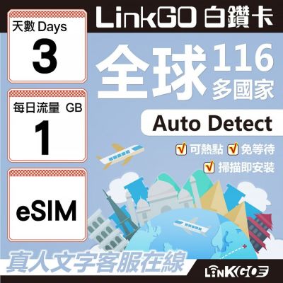 LINKGO白鑽卡 全球116國 eSIM卡 3天上網絡卡 每日1GB(全球網絡卡 亞洲 歐洲 美洲 大洋洲 非洲)
