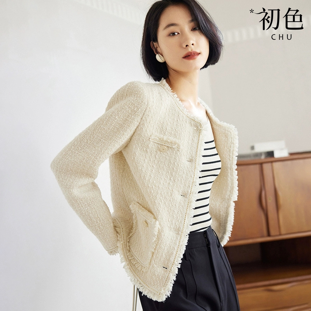 初色 法式小香風純色短款圓領長袖粗花呢毛邊寬鬆外套女外套-米杏色-37931(M-2XL可選)