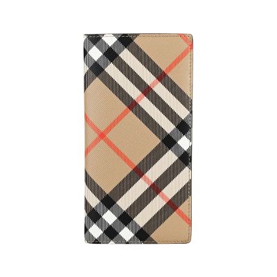 BURBERRY 格紋帆布LOGO羔羊皮襯裡16卡大容量對開長夾(男款/沙棕)