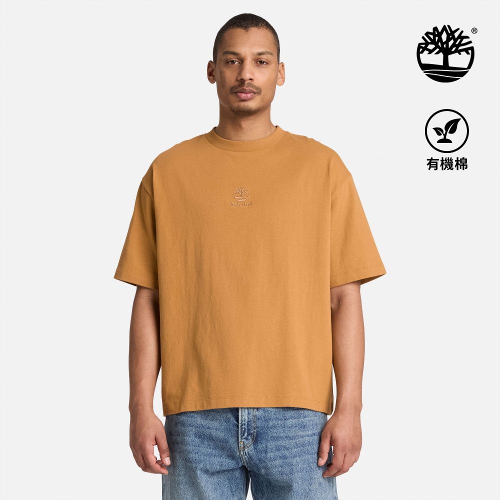 Timberland官方旗艦 男款小麥色寬版厚磅刺繡LOGO短袖T恤|A2781P47