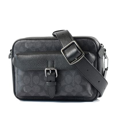 COACH 男款 Warner 緹花LOGO防刮拉鍊斜背包-灰黑