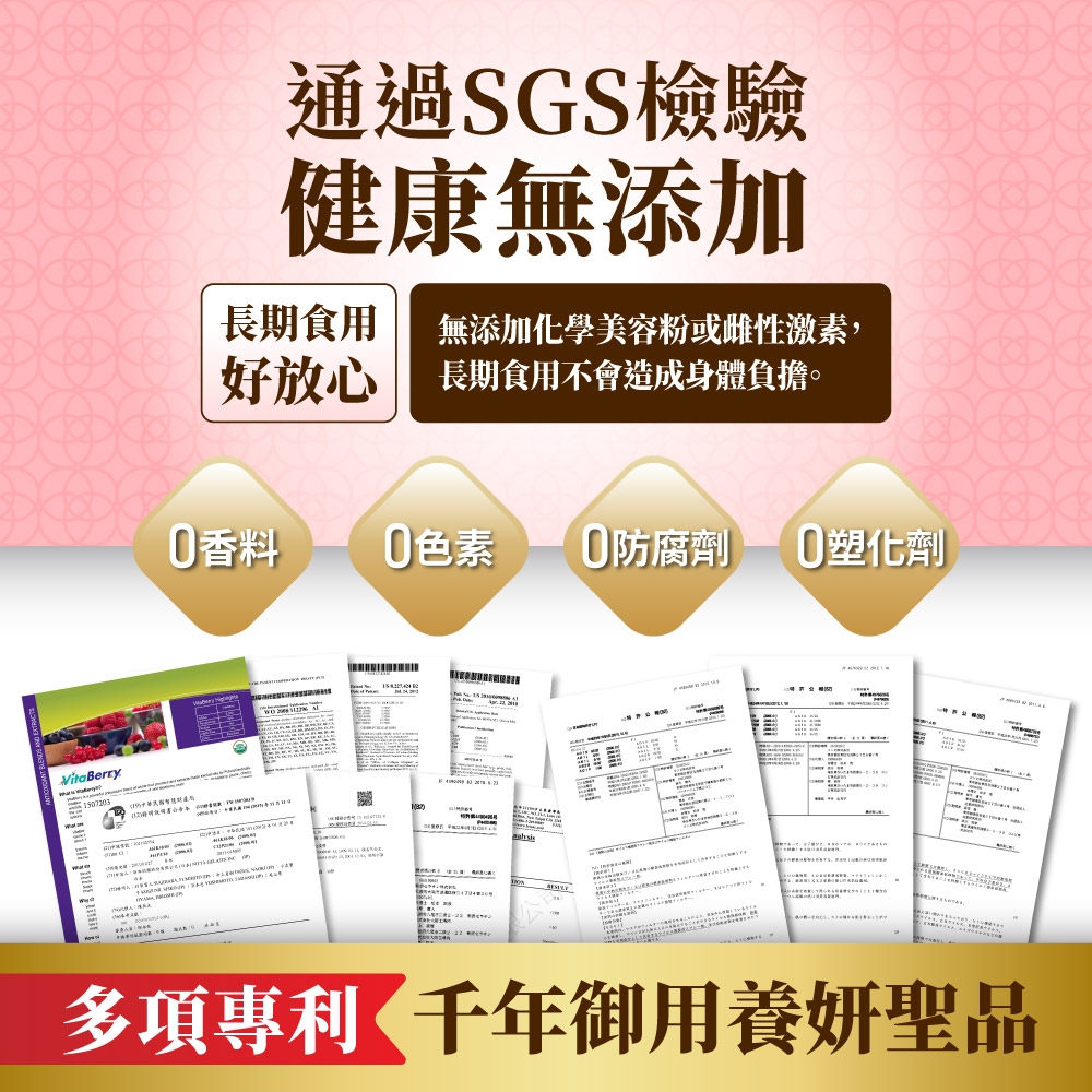 VitaBerry通過SGS檢驗健康無添加長期食用無添加化學美容粉或雌性激素,好放心 長期食用不會造成身體負擔。香料色素 防腐劑  0塑化劑  多項專利 御用養妍聖品