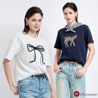 KeyWear奇威名品 印花/絲巾/蕾絲設計款短袖上衣(多款任選)