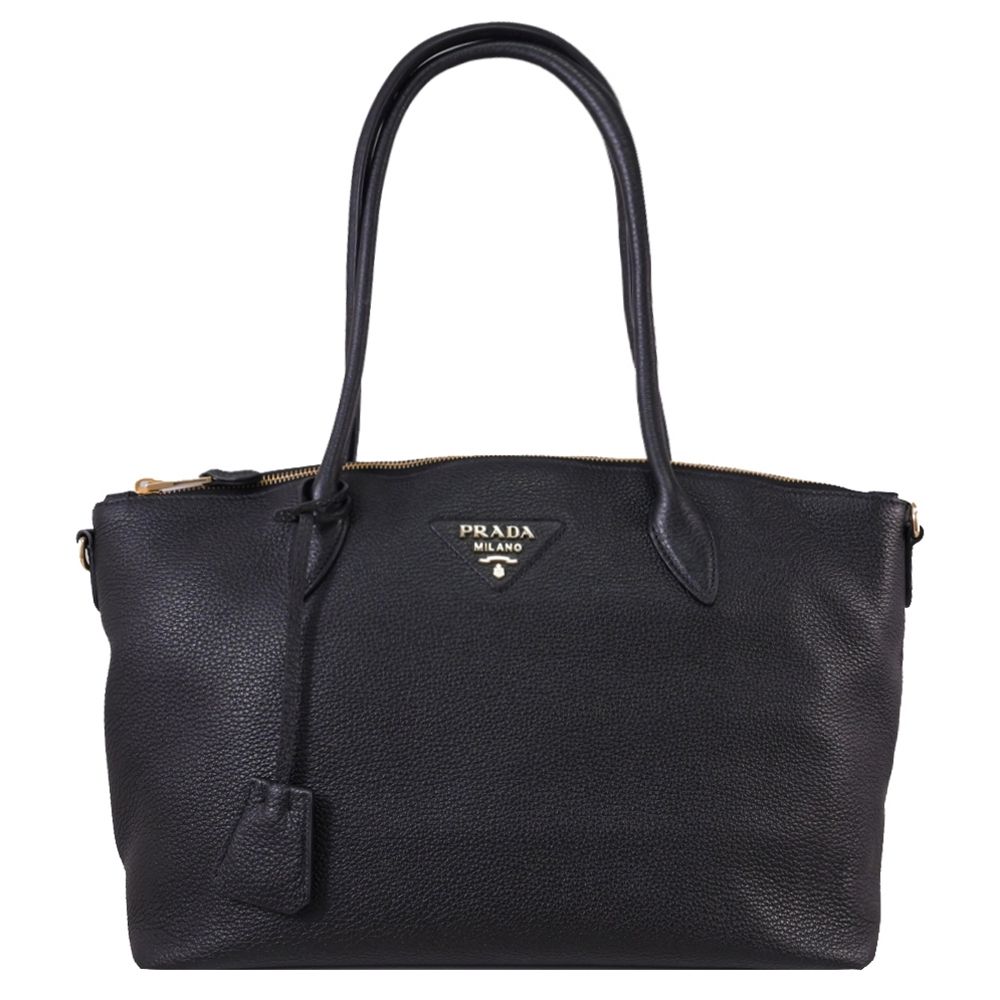PRADA 金屬浮雕LOGO荔枝紋小牛皮肩背包/托特包(黑)