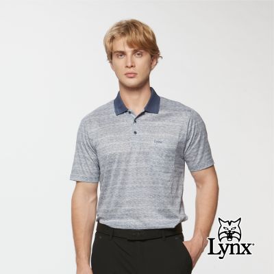 【Lynx Golf】男款純棉進口布料緹花胸袋短袖POLO衫-藍色