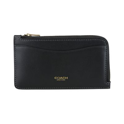COACH 字母燙金LOGO光滑皮革L型拉鍊零錢卡夾(黑)