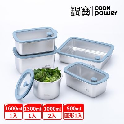 【CookPower 鍋寶】鮮盾pro可微波304不鏽鋼保鮮盒 大方5件組