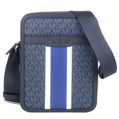 MICHAEL KORS Cooper 深藍色條紋防水布直立飛行斜背包