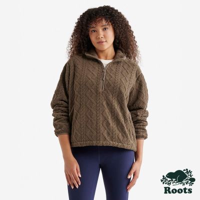 Roots女裝- CABLE SHEARLING HALF ZIP 上衣-咖啡色