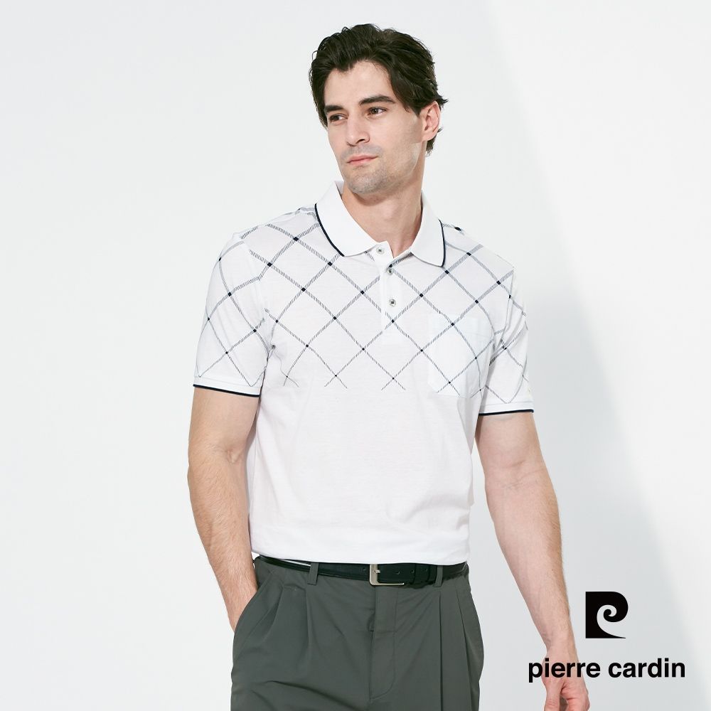 pierre cardin 皮爾卡登 男款 定位斜格印花短袖polo衫-白色(5257258-90)