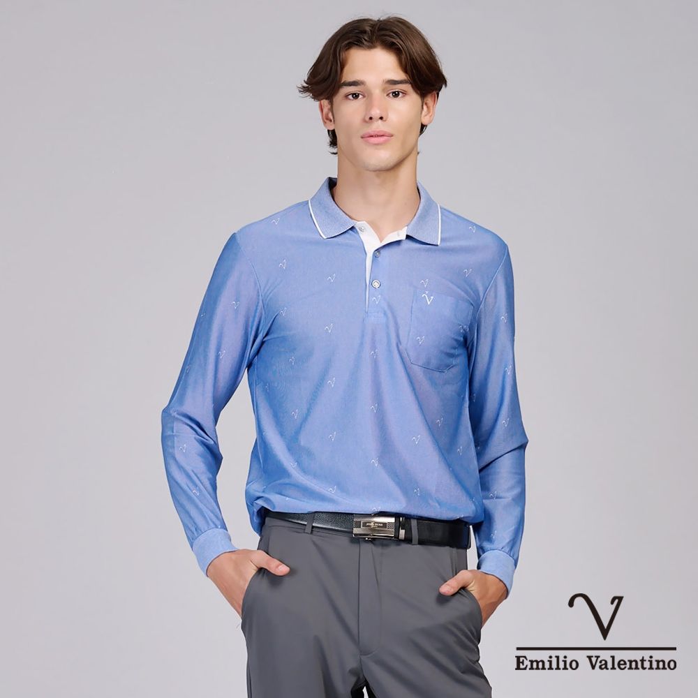 Emilio Valentino 范倫鐵諾 男 長袖POLO衫 精梳棉 舒適透氣 口袋 上衣 薄長袖 新品 台灣製造_藍(21-6V0854)