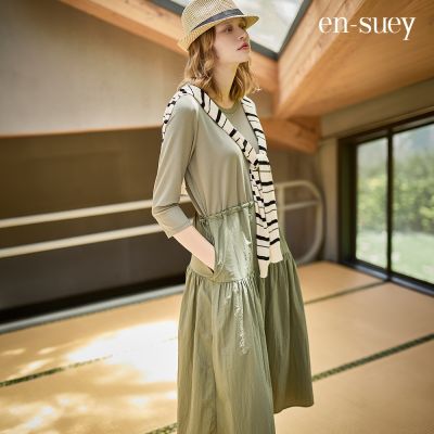 【en-suey 銀穗】異素材拼接抽繩長洋裝