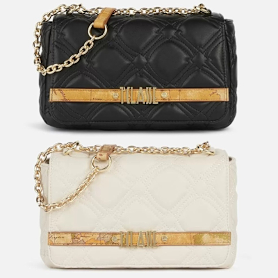 Alviero Martini 義大利地圖包 輕奢菱格紋鍊帶翻蓋側背包-2色