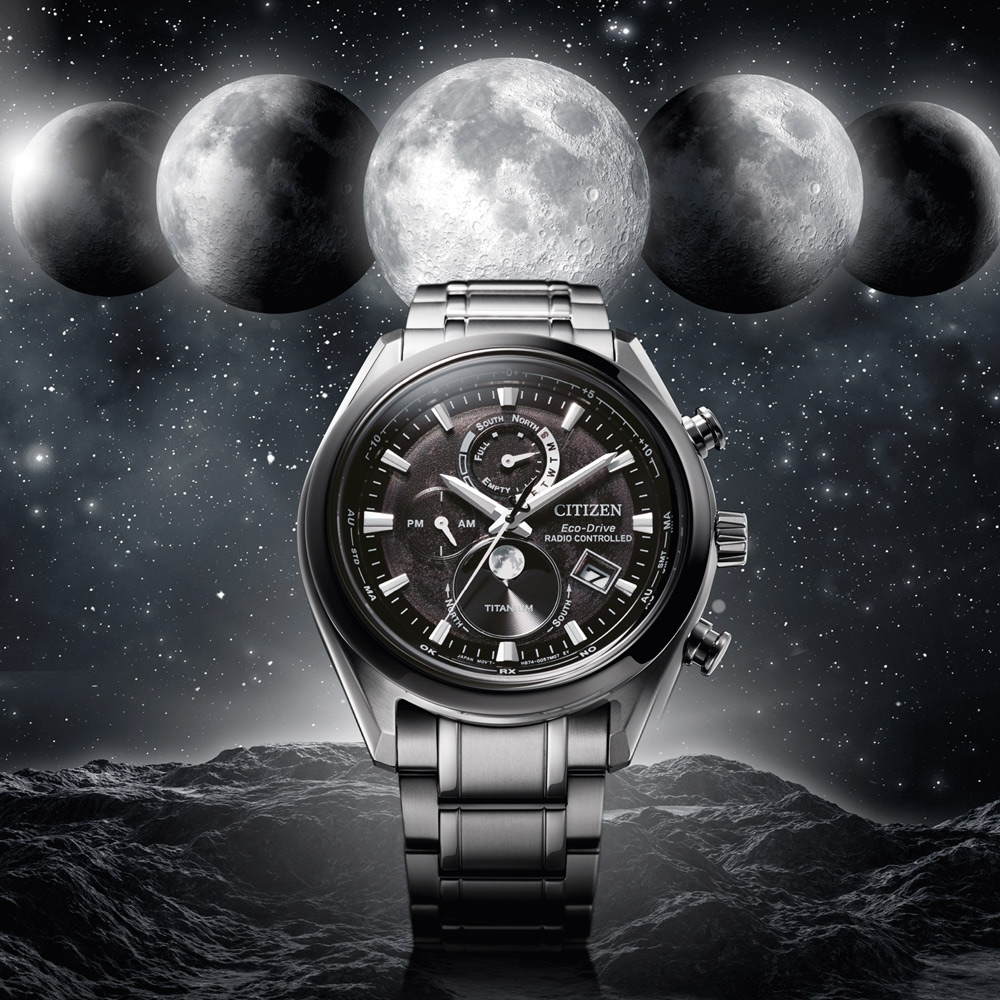 CITIZEN 星辰 月相光動能電波接收計時鈦金屬手錶-43mm BY1018-80E