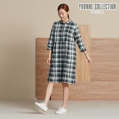 YVONNE 斜紋格半開襟七分袖洋裝-暗綠色