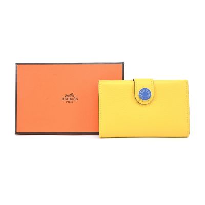 Hermes 愛馬仕 Calvi Verso Evercolor雙色小牛皮琺瑯釦卡片夾(黃)