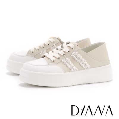 DIANA小香風編織雙條紋牛皮兩穿厚底小白鞋 米色