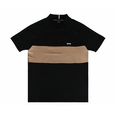 BOSS 棉混紡印花白字LOGO立領拉鍊設計拼接插肩袖Polo衫(男款/黑x咖)