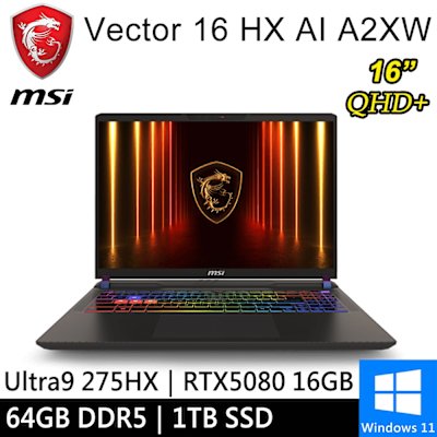 MSI微星 微星 Vector 16 HX AI A2XWIG-014TW-SP6 16吋 灰(Ultra 9 275HX/64G/1TB SSD/RTX5080 16G/W11)特仕版
