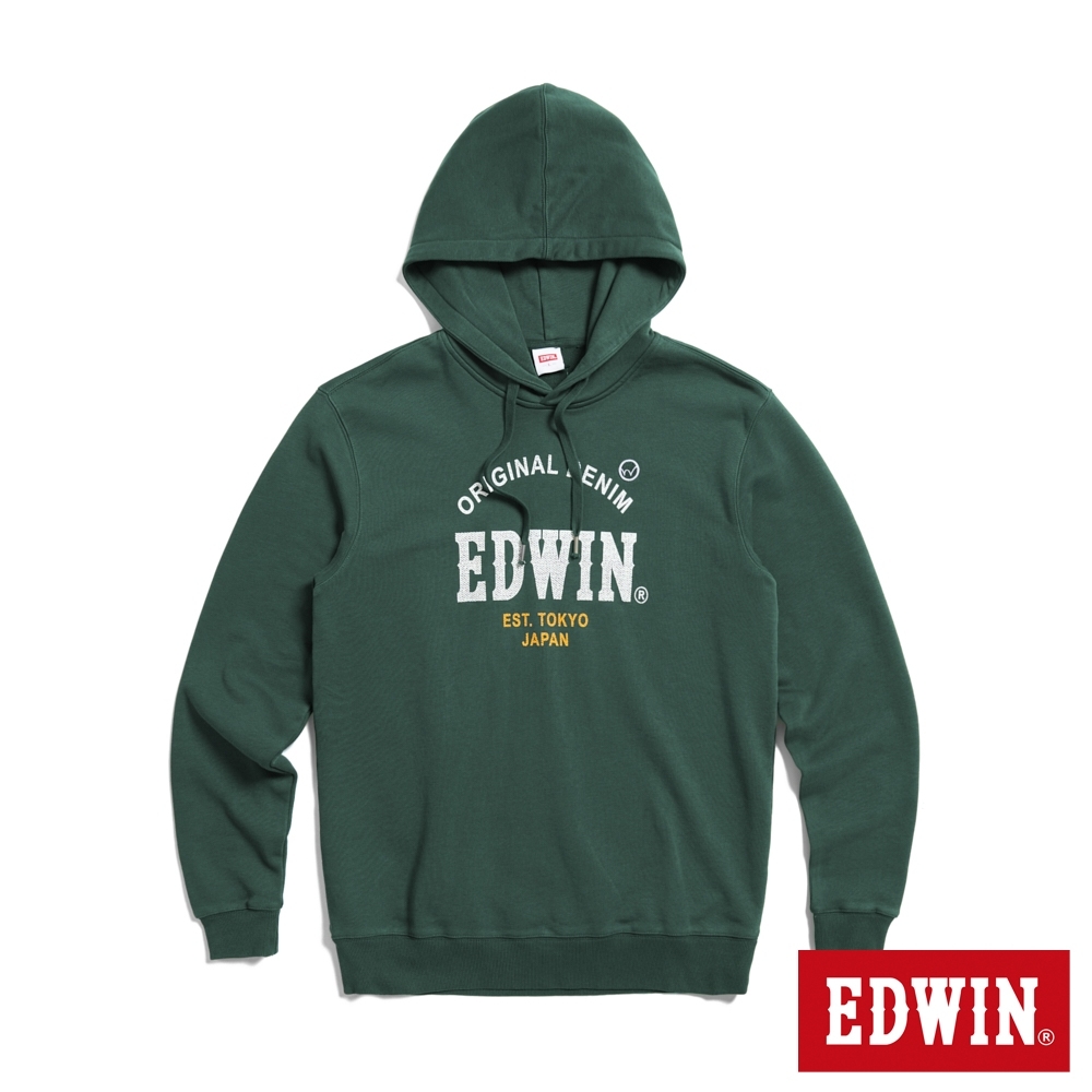 EDWIN 男裝 大英文字徽章長袖連帽T恤-墨綠色