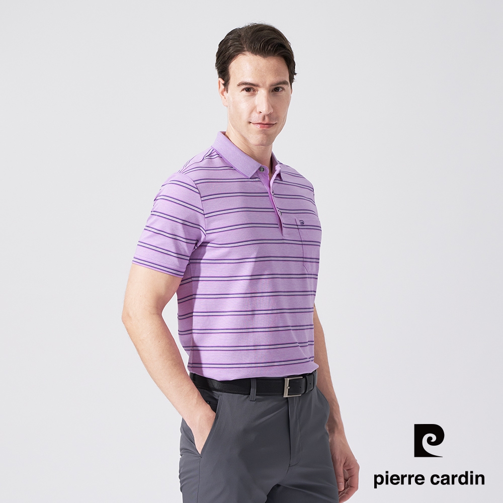 pierre cardin 皮爾卡登 男款 雙色網眼橫條印花短袖POLO衫-紫色(5247254-26)