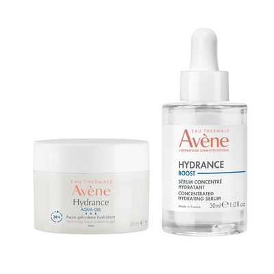 Avene雅漾 瞬透保濕雙星組，包含瞬透保濕精萃液30ml與24H保濕水凝霜50ml，適合各種肌膚使用。精萃液快速補濕，水凝霜長效鎖水，雙重保濕功效，讓肌膚水潤透亮。