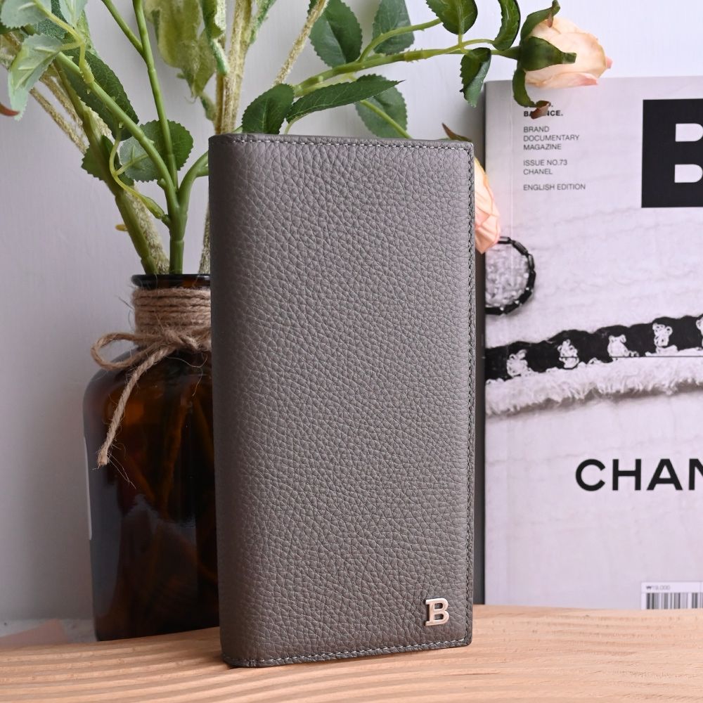 BALLY BALIRO 品牌金屬LOGO質感壓紋牛皮對開多卡長夾(灰)