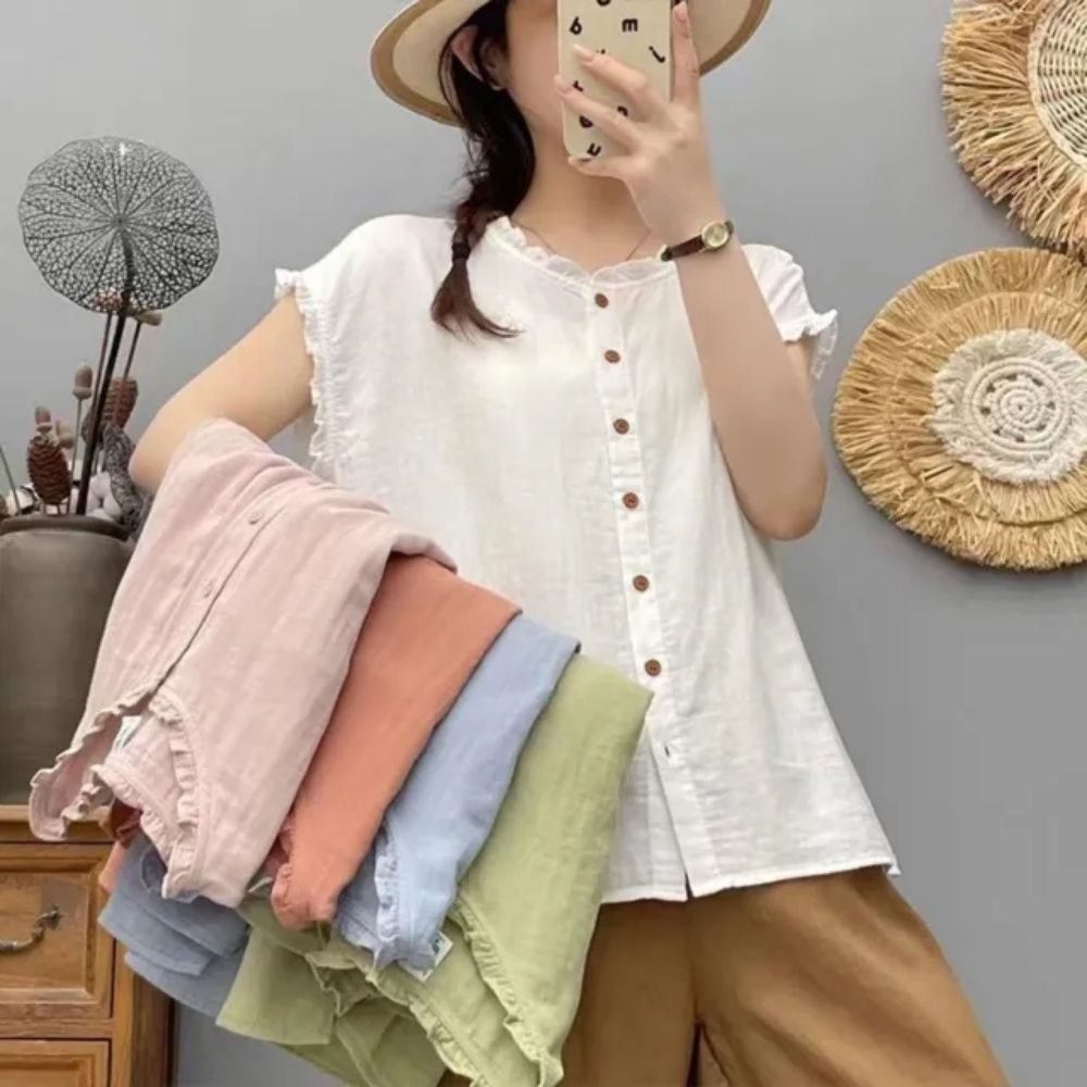 【LANNI 藍尼】★涼爽百搭木耳邊襯衫上衣(女裝/女上衣/短袖襯衫/休閒/日系/通勤) (白)
