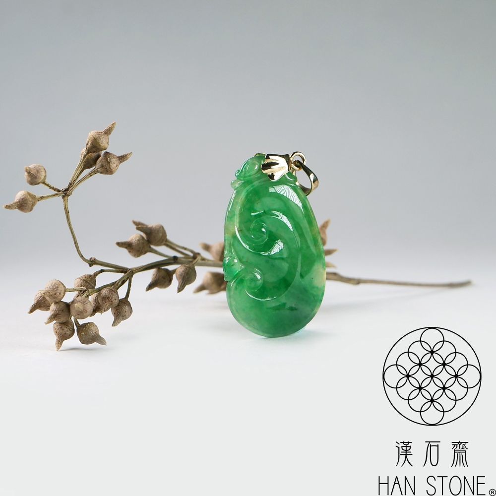 漢石齋】天然翡翠A貨小如意K金墜頭玉佩吊墜冰種飄花帶辣綠(17*27*4mm