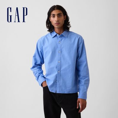 【GAP】寬鬆短款直版牛津襯衫-藍色(909177)