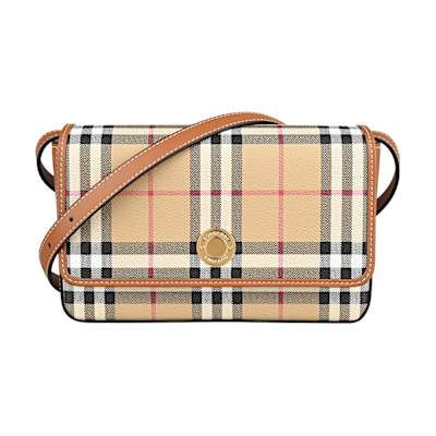 BURBERRY Hampshire經典金色徽標格紋設計塗層帆布小牛皮滾邊手拿包斜背包(經典米)