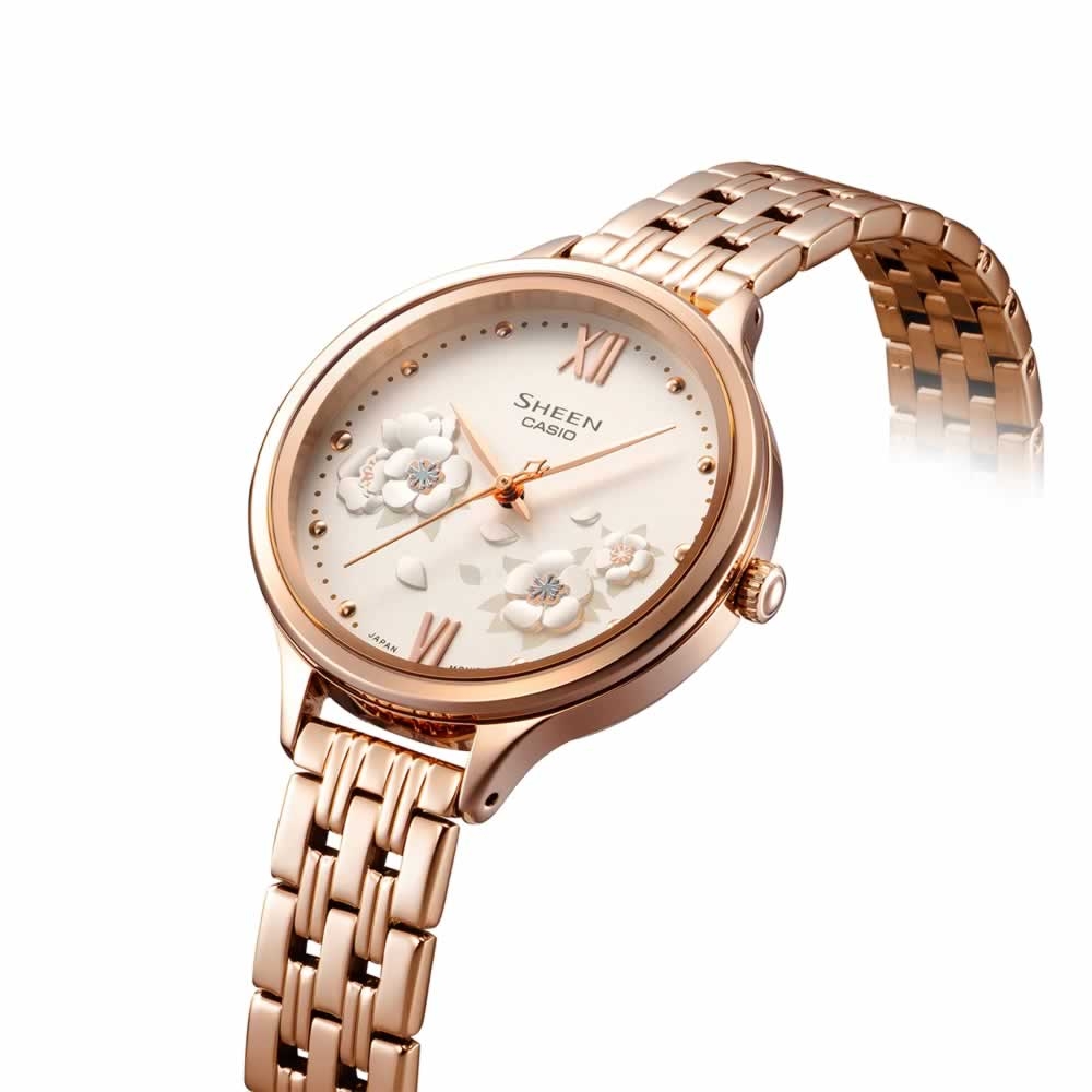 CASIO卡西歐SHEEN 優雅時尚花卉錶盤玫瑰金藍寶石水晶玻璃SHE-4551PG