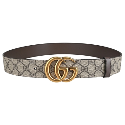 GUCCI GG Marmont復古金色雙G金屬 LOGO塗層帆布皮革雙面扣式皮帶(烏木x咖啡)