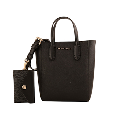 MICHAEL KORS MK金字滿版PVC皮革附卡夾包斜背包(黑)小款