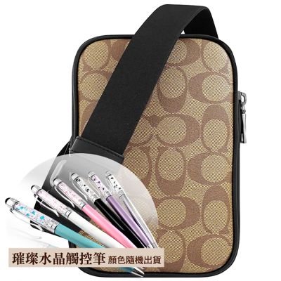 COACH 咖啡色大C PVC小型斜背包+璀璨水晶觸控筆