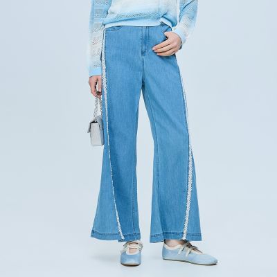 ILEY伊蕾 蕾絲滾邊混紡牛仔寬褲(藍；M-XL)