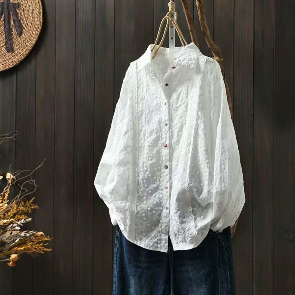 設計所在 棉麻隨性風 蕾絲鈎花刺繡純棉長袖白襯衫 80032308862893070 (白色)