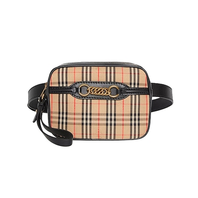 BURBERRY 巴寶莉 80073501 經典格紋帆布鎖鏈裝飾皮革飾邊胸腰包 (棕色)