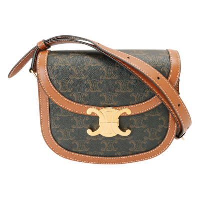 CELINE-Triomphe 經典金字LOGO 防刮暗釦斜背馬鞍包(咖x駝邊)S款