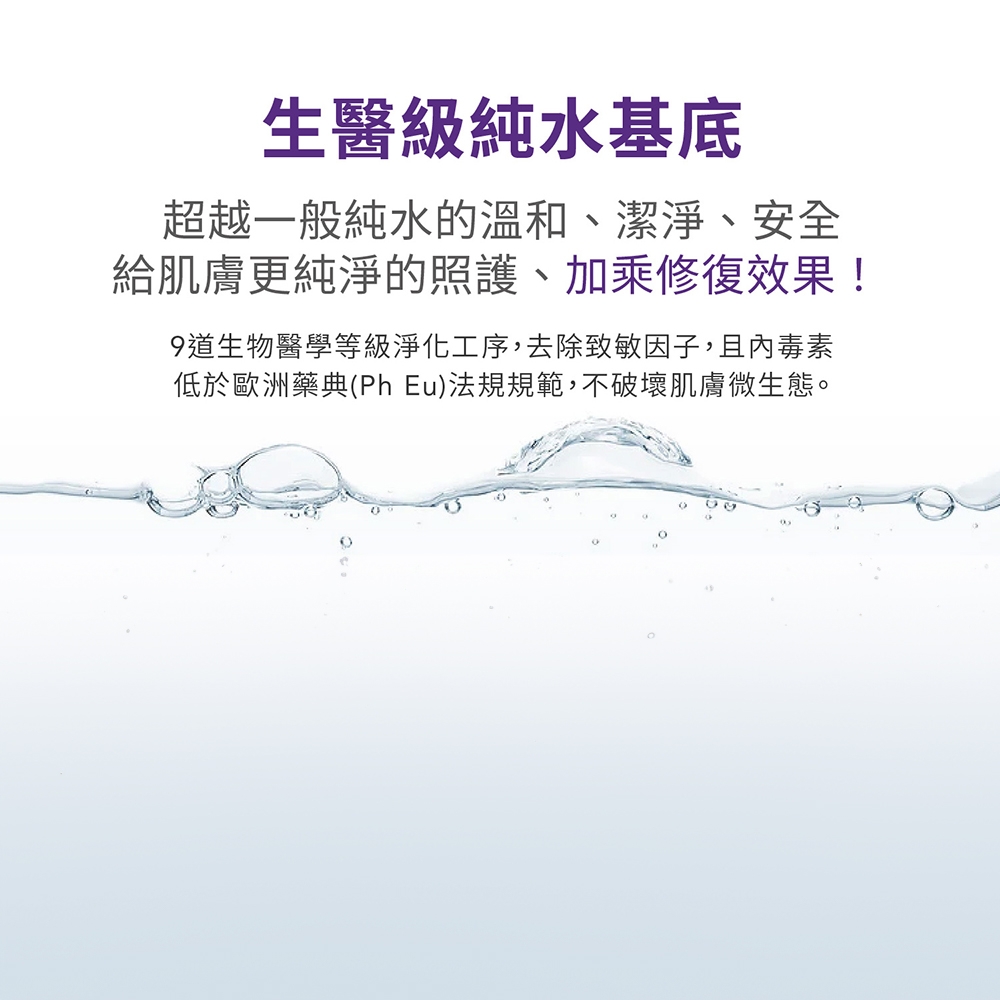 生醫級純水基底超越一般純水的溫和、潔淨、安全給肌膚更純淨的照護、加乘修復效果!9道生物醫學等級淨化工序,去除致敏因子,且內毒素低於歐洲藥典(Ph Eu)法規規範,不破壞肌膚微生態。