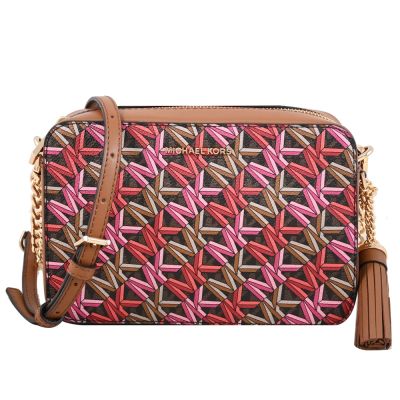 MICHAEL KORS JET SET 3D MK LOGO印花斜背方包(咖邊)