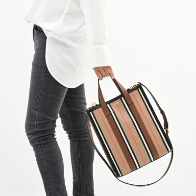 BURBERRY 巴寶莉 Book Tote 經典英倫風條紋手提肩背兩用小托特包(卡其)
