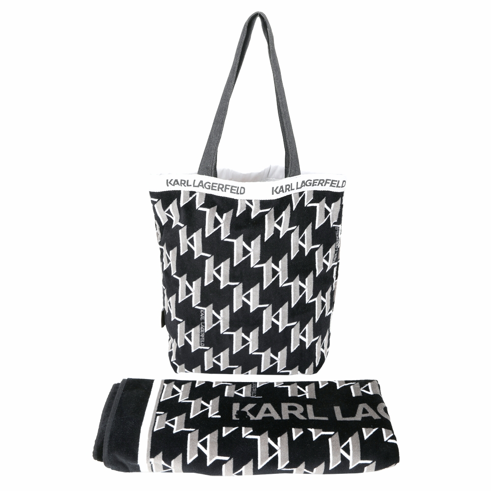 KARL LAGERFELD K/Monogram KL字母絨毛感托特包+浴巾 沙灘組合(黑色)