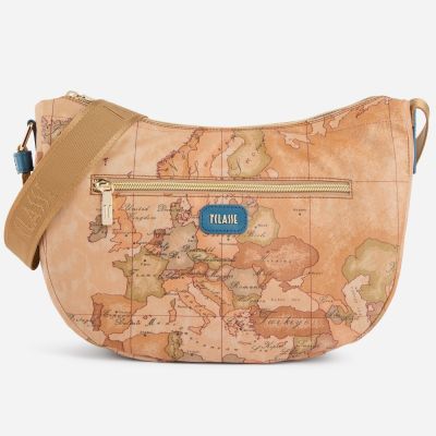 Alviero Martini 義大利地圖包 超輕量尼龍 弧型休閒大側背包40cm-地圖黃x藍綠色