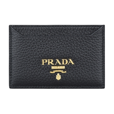 PRADA 普拉達 Vitello金字LOGO荔枝紋牛皮開放卡片夾(黑)