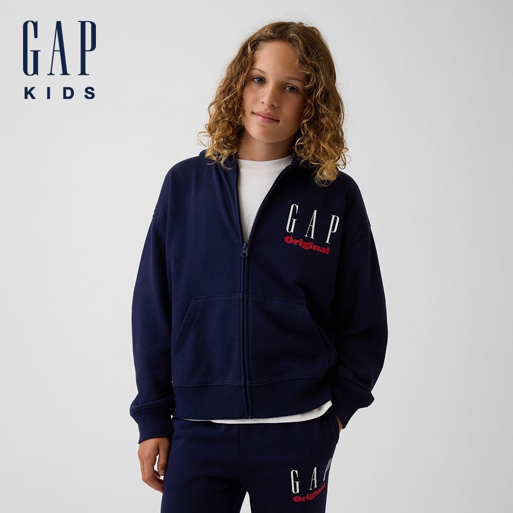 【GAP】兒童VintageSoft毛圈布寬版Gap Logo拉鍊連帽外套  多款規格任選 (907410 & 907668) (兒童Gap Logo拉鍊連帽外套-海軍藍(907668))