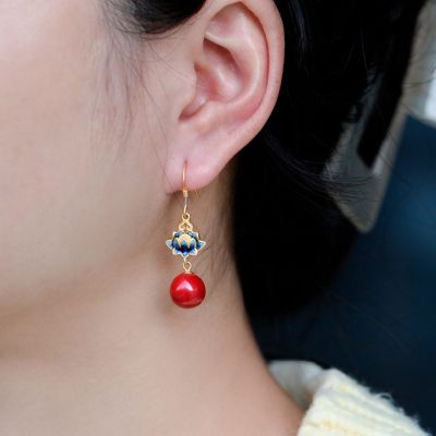 MoonDy 耳環 S925 硃砂耳環 新中式 女生耳環 復古風 抗過敏 蓮花耳環 飾品