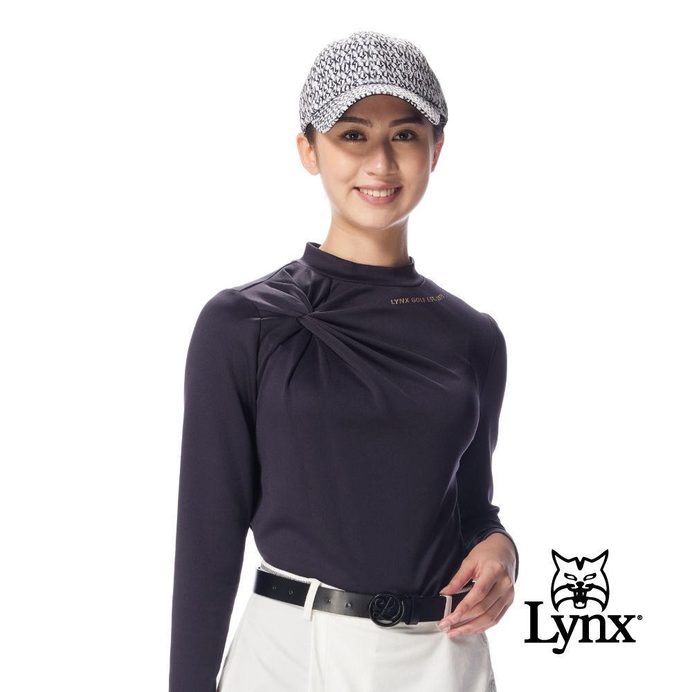 【Lynx Golf】首爾高桿風格！女款合身版右肩綁花長袖圓領T(二色) (深藍色)