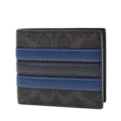 COACH 男款 防刮緹花LOGO皮革飾條六卡短夾-黑色