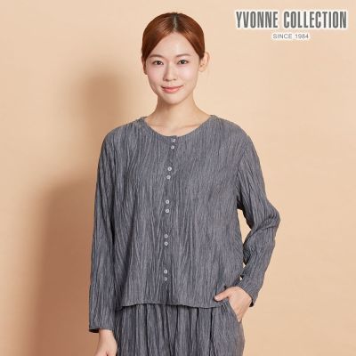 YVONNE 以旺傢飾 壓褶長袖開襟衫-岩石灰